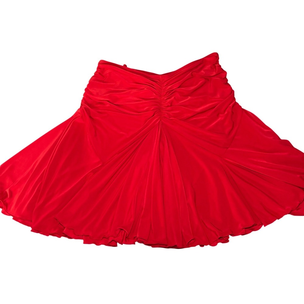Red Ruched Mermaid Midi Skirt Ruffle Hem Dance Salsa Bodycon Made in USA Sz S - Picture 6 of 11
